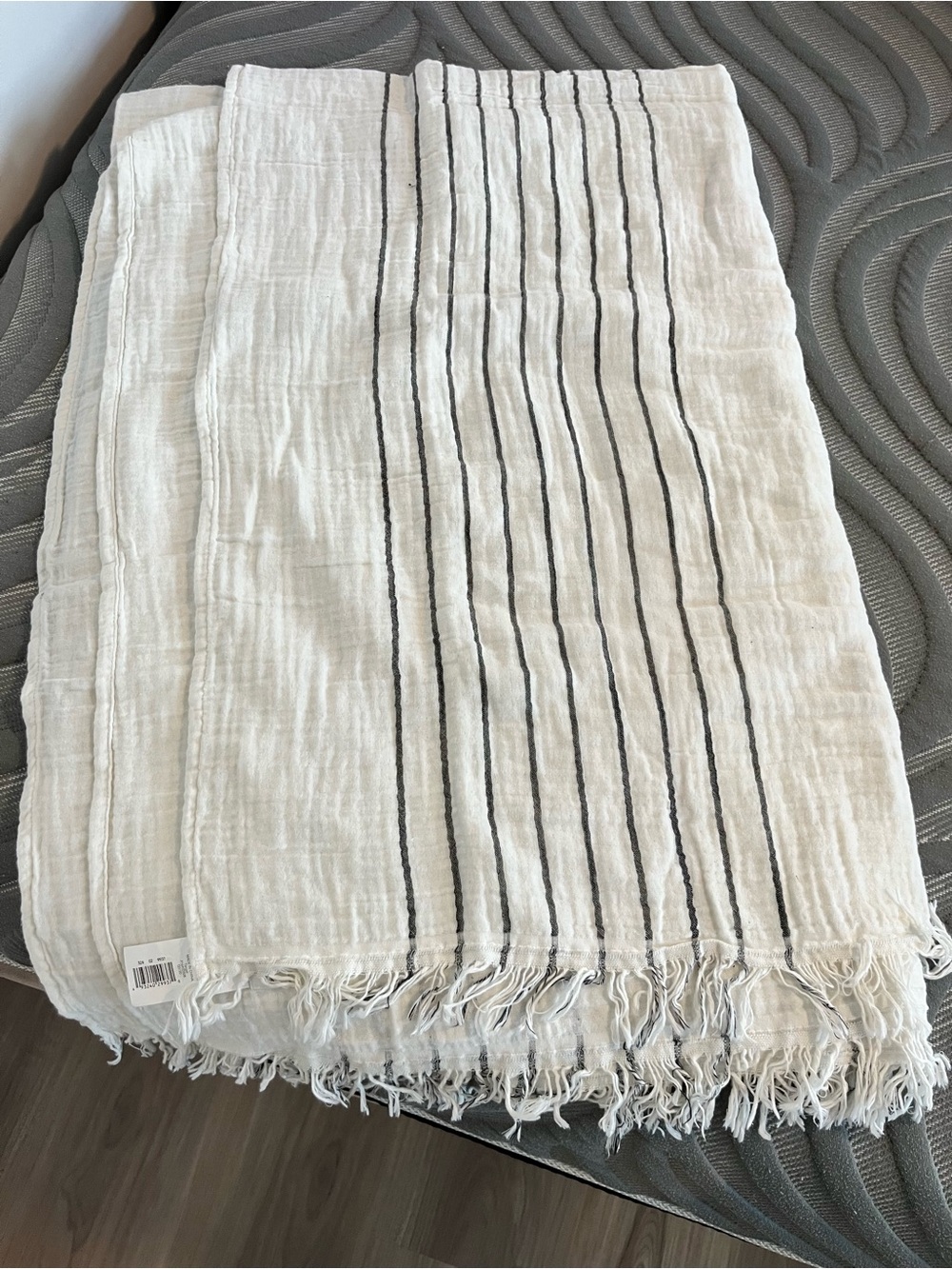 Hearth & Hand White Cotton Throw Blanket with Dark Grey Pinstripes